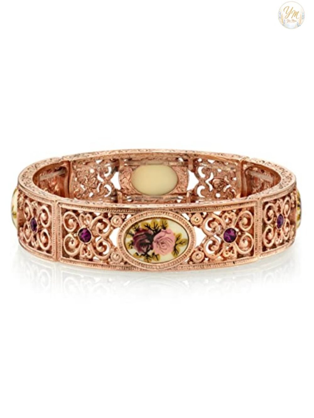 Rose Gold Tone Filigree Stretch Bracelet Floral Purple Crystal Accent